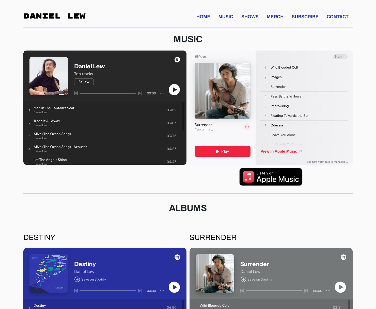 The Music page of Daniel Lew's website, highlighting his disography of music.